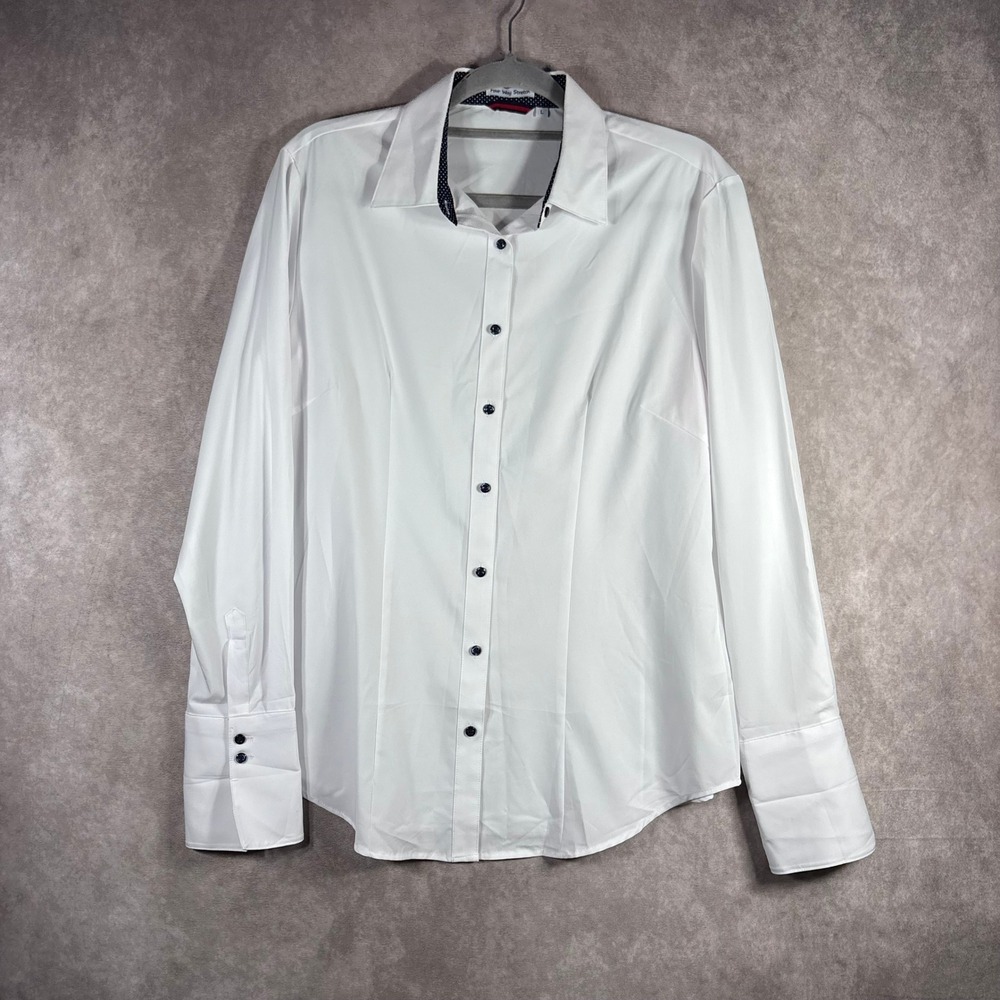 Four Way Stretch Button Down Shirt Women L White Polka Dot‎ Trim Office Career